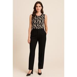 Linda Allard Ellen Tracy Geometric Knit Sleeveless Top Beige Black Size S